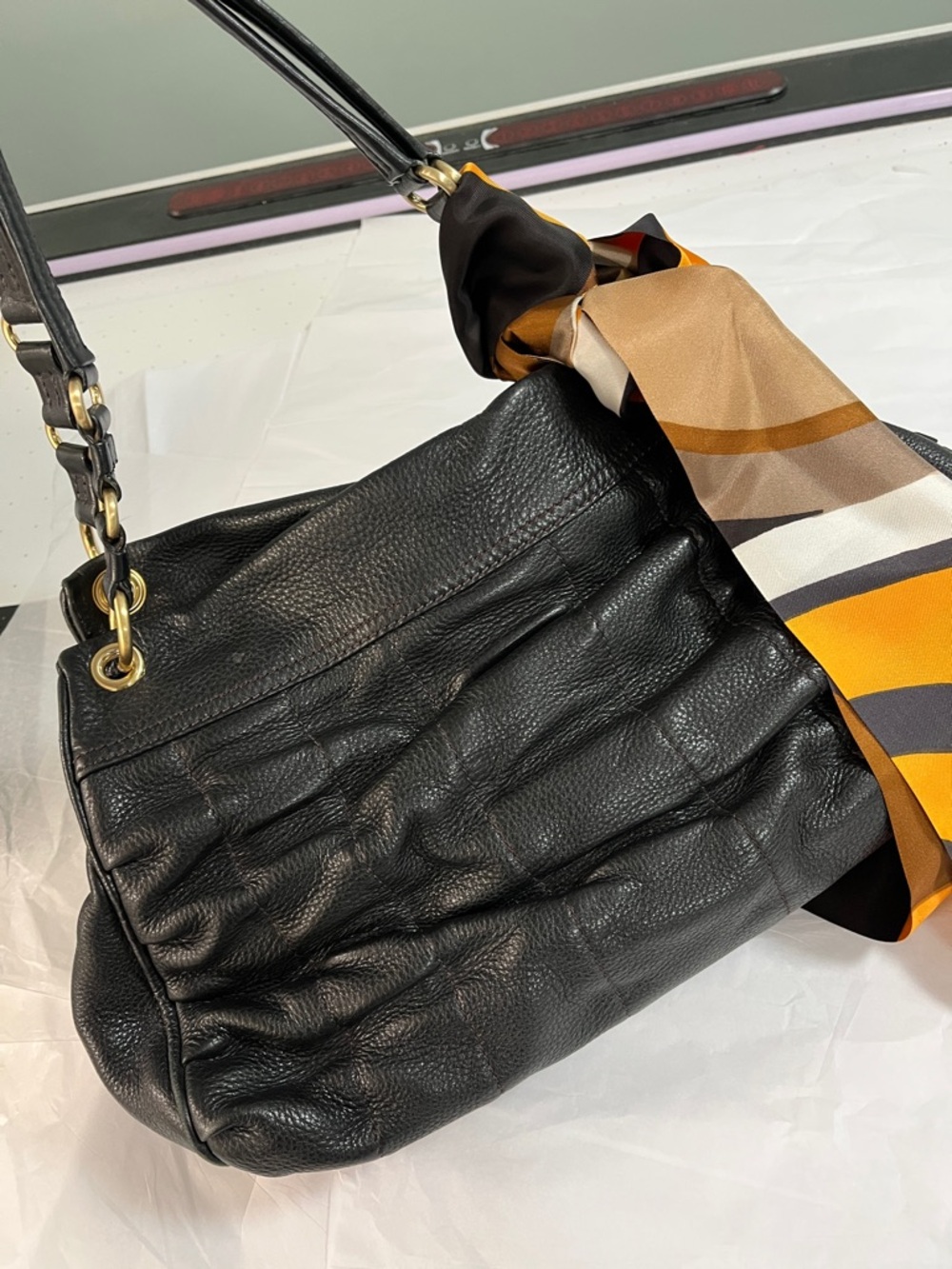 Cole Haan Black Leather Satchel Bag with Gold Accents pebbled clean